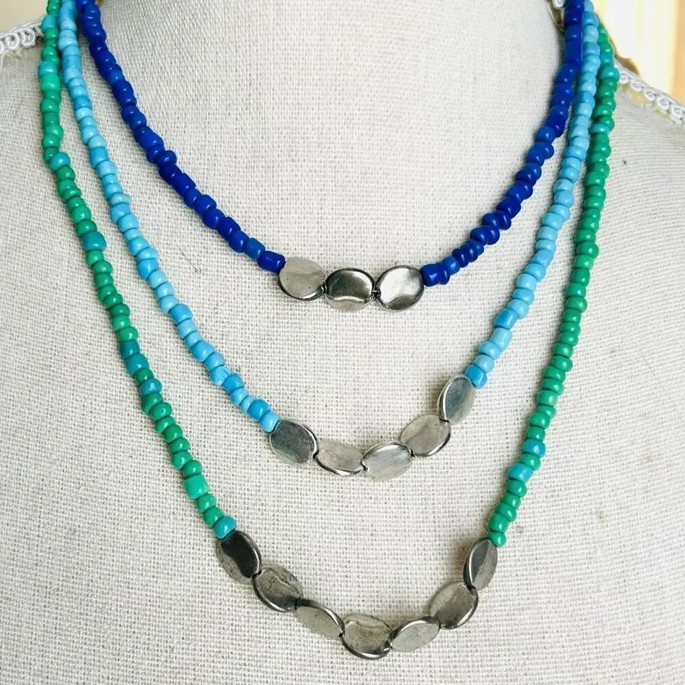 Handcrafted Set of 3 Blue Turquoise Green Silver Beads Necklaces